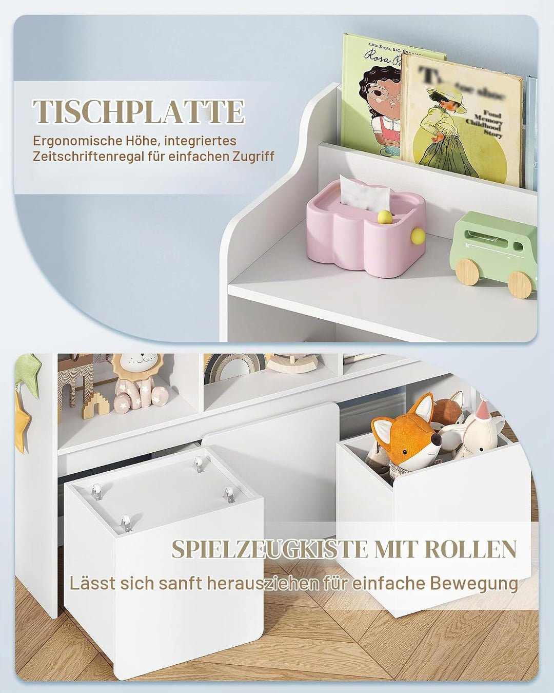 Hzuaneri Kinderregal mit Bücherfach &amp; Rollschubladen 30 x 108 x 80 cm, Weiss | 3 offene Fächer, 3 ro