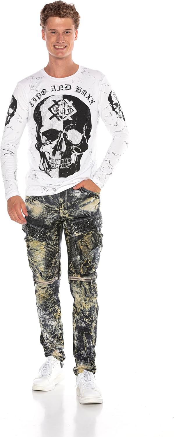 Cipo & Baxx Herren Biker Jeans Ripped-Destroyed-Frayed-Slim Fit Jeans Hose mit Nieten und Muster Kha
