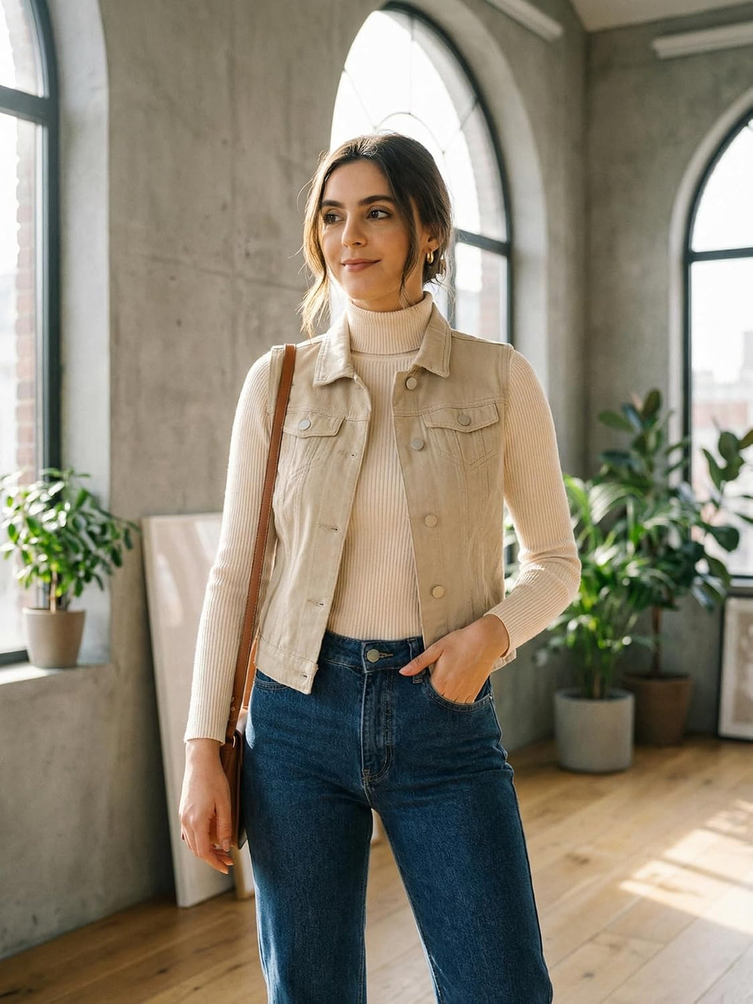 Allegra K Damen Jeansweste Ärmellos Knopfleiste Denim Revere Westen mit Taschen XS Beige