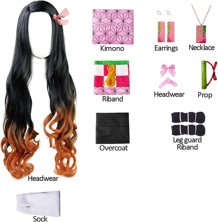 JYakeji 10 Stück Japanische Anime Demon Slayer Cosplay:Kamado Nezuko Cosplay Kostüm mit Perücke, Wei