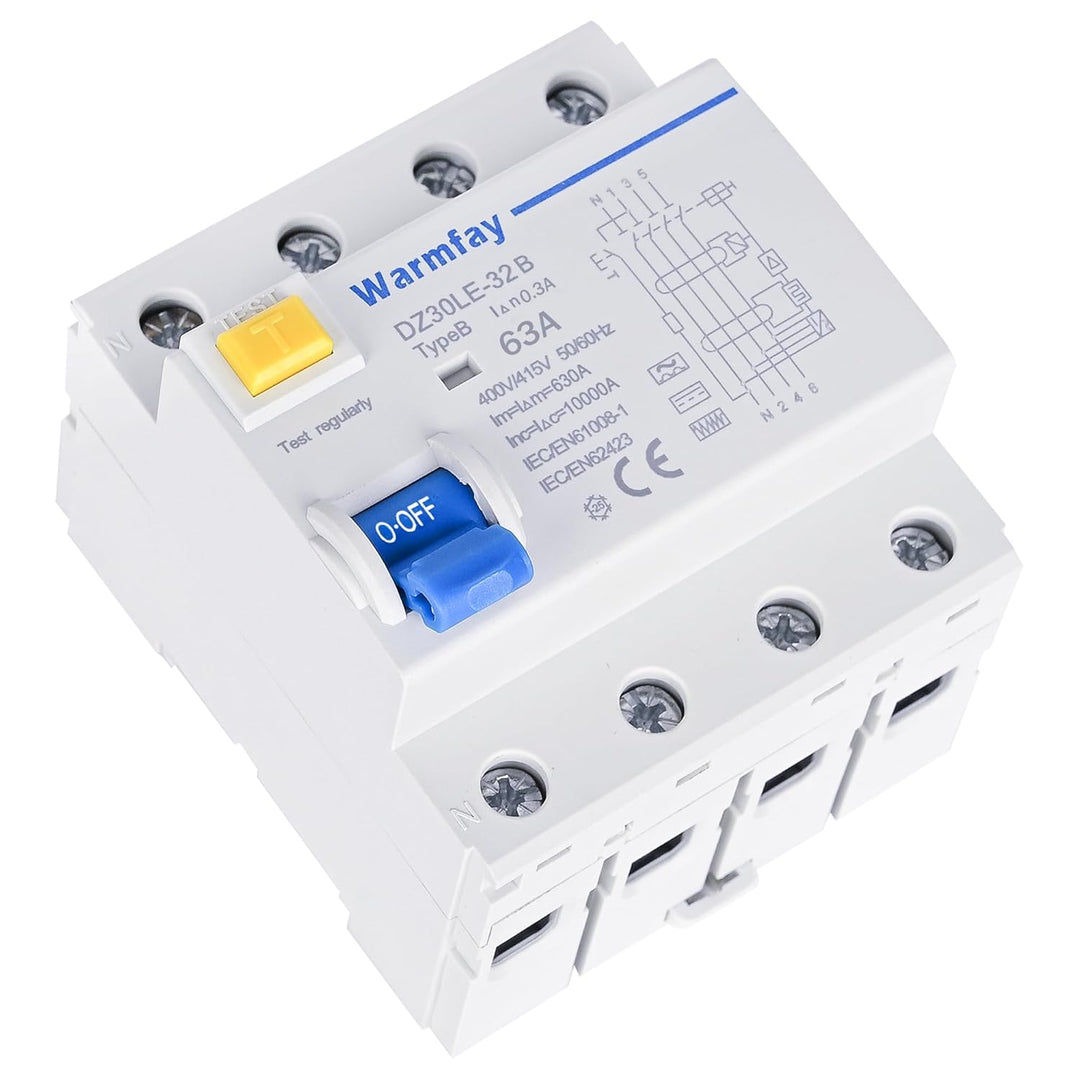 Warmfay FI Schutzschalter 63A 300mA Typ B, 4 Polig RCD Allstromintensiv Schalter Automat Sicherung,