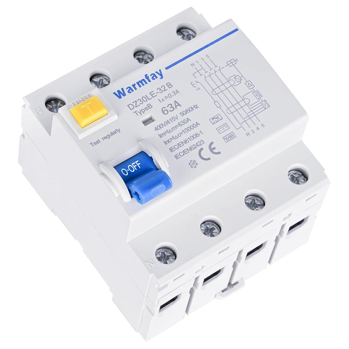 Warmfay FI Schutzschalter 63A 300mA Typ B, 4 Polig RCD Allstromintensiv Schalter Automat Sicherung,
