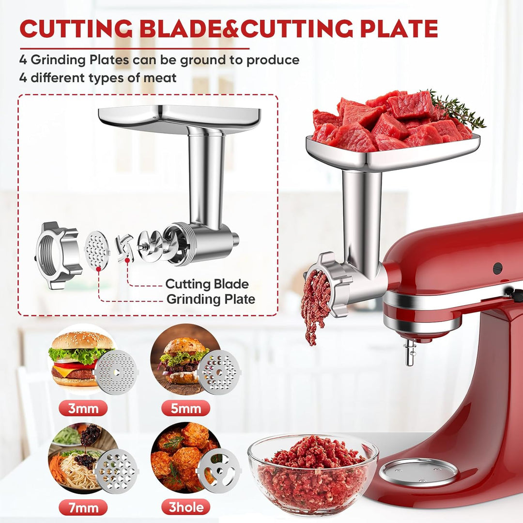 COFUN Fleischwolf Aufsatz für Kitchenaid Zubehör, Metall Fleischwolf Satz mit 4 Mahlscheibe 3 Wurstf