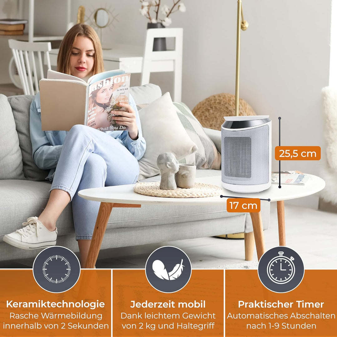 KLAMER Heizlüfter 2000 W, PTC Keramik Heizlüfter energiesparend, 3 Heizstufen inkl. Eco-Modus, 9 Std