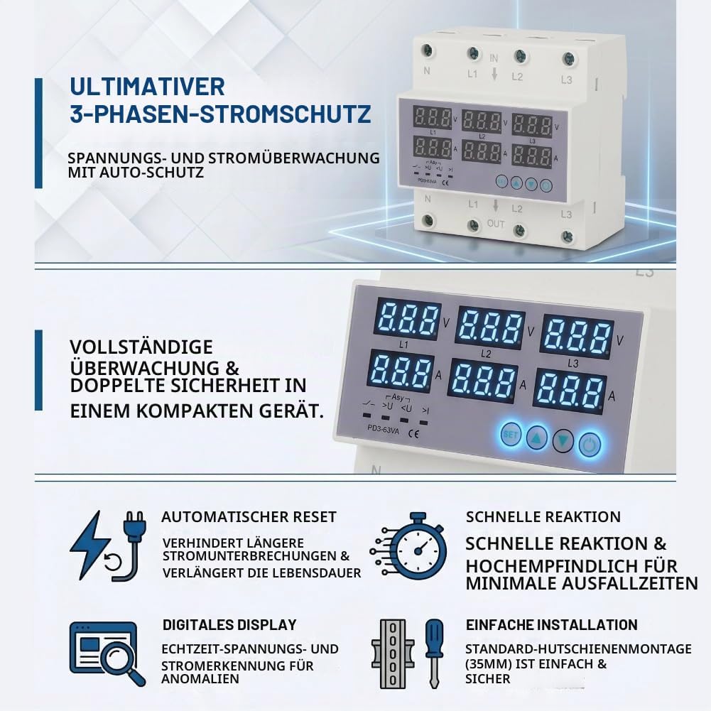 3-Phasen-DIN-Schienen-Voltmeter-Amperemeter-Multitester, AC 390‑500 V Automatischer Überspannungs-Üb