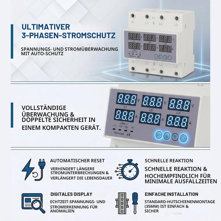 3-Phasen-DIN-Schienen-Voltmeter-Amperemeter-Multitester, AC 390‑500 V Automatischer Überspannungs-Üb
