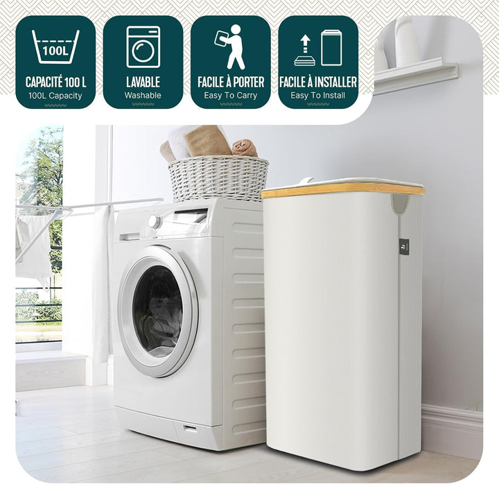 VOUNOT Wäschekorb mit Deckel 100L, Faltbarer Wäschesammler mit Herausnehmbar Wäschesäcke, Laundry Ba