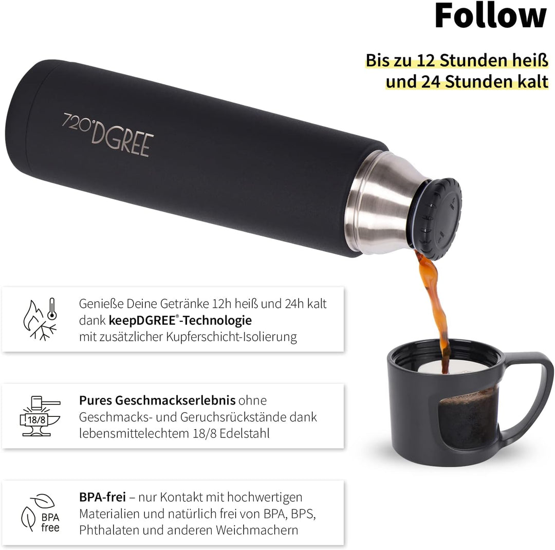 720°DGREE Thermoskanne mit Becher 1l “Follow” - 3 Grössen, 12h Heiss, 24h Kalt, Auslaufsicher, BPA-F