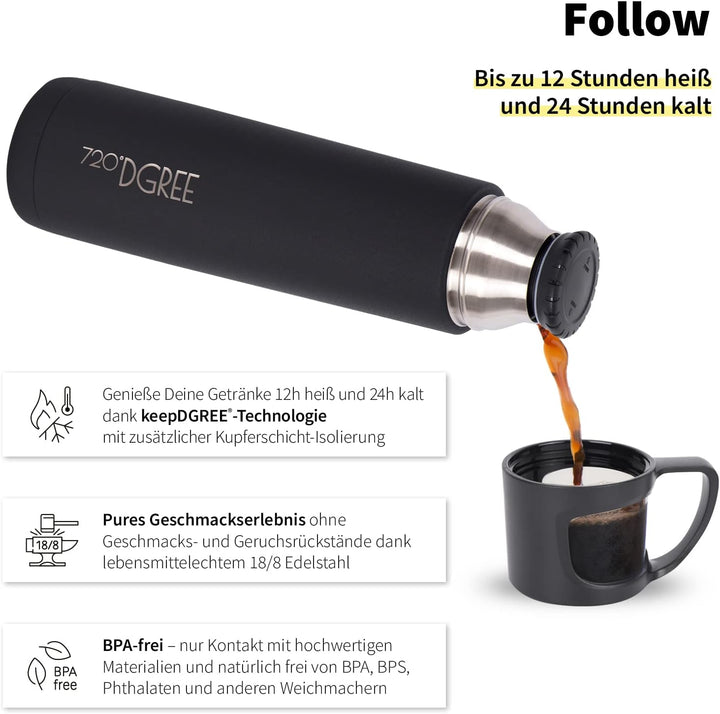 720°DGREE Thermoskanne mit Becher 1l “Follow” - 3 Grössen, 12h Heiss, 24h Kalt, Auslaufsicher, BPA-F