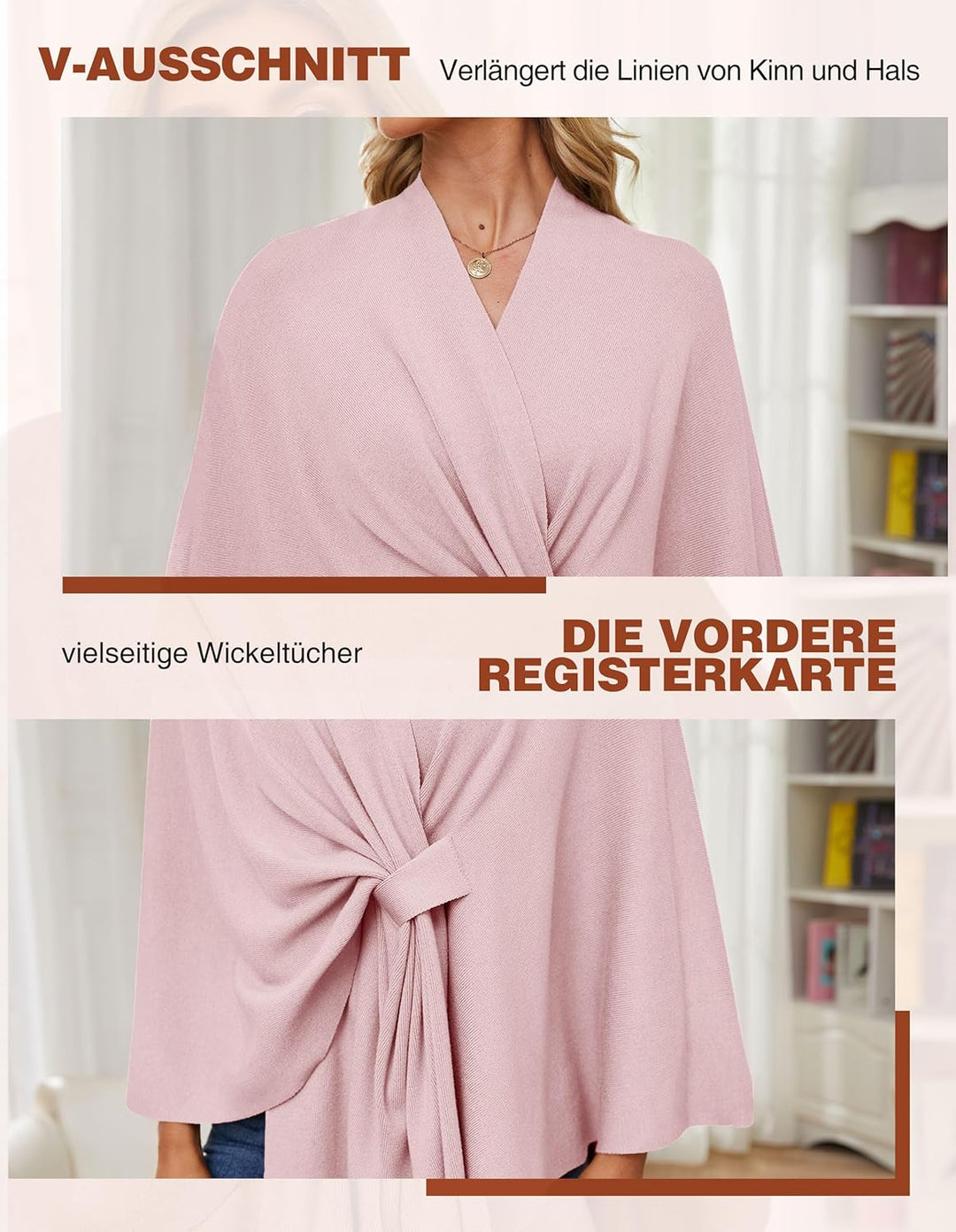PULI Damen Elegant Poncho Strick Ponchos Capes Vorne öffnen Vielseitige Schalwickel mit Lasche Rosa,