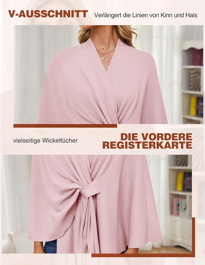 PULI Damen Elegant Poncho Strick Ponchos Capes Vorne öffnen Vielseitige Schalwickel mit Lasche Rosa,