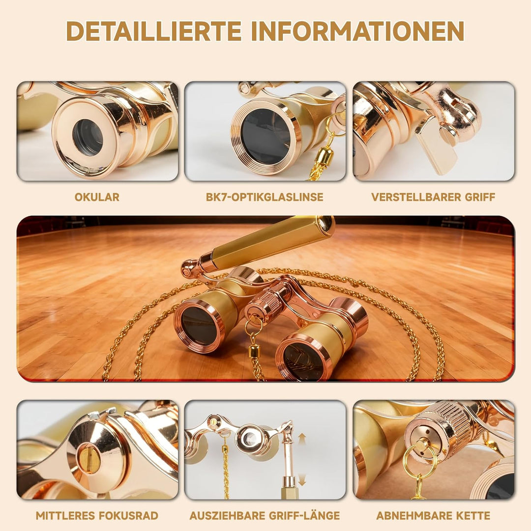 Opernglas 3x25 für Damen & Kinder, BK7 Prismen Optik - Verstellbarer Griff & Kette, Vintage Mini The