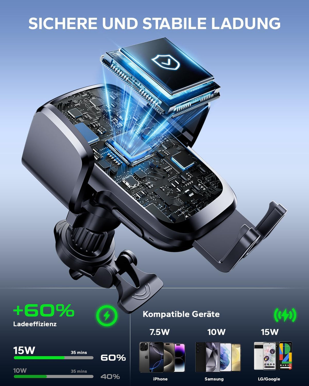 KPON Qi-Zertifizierung Handyhalterung Auto mit Ladefunktion, 15W Induktive Ladestation Auto für Wind