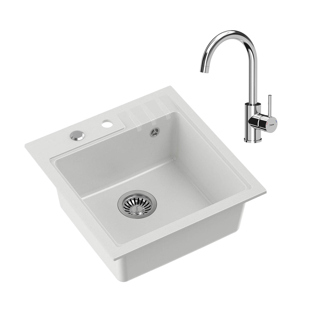 VBChome Spüle mit Armatur 52 x 50 cm Weiss Chrom Tiefes Becken Küche Einbauspüle Verbundspüle Küchen