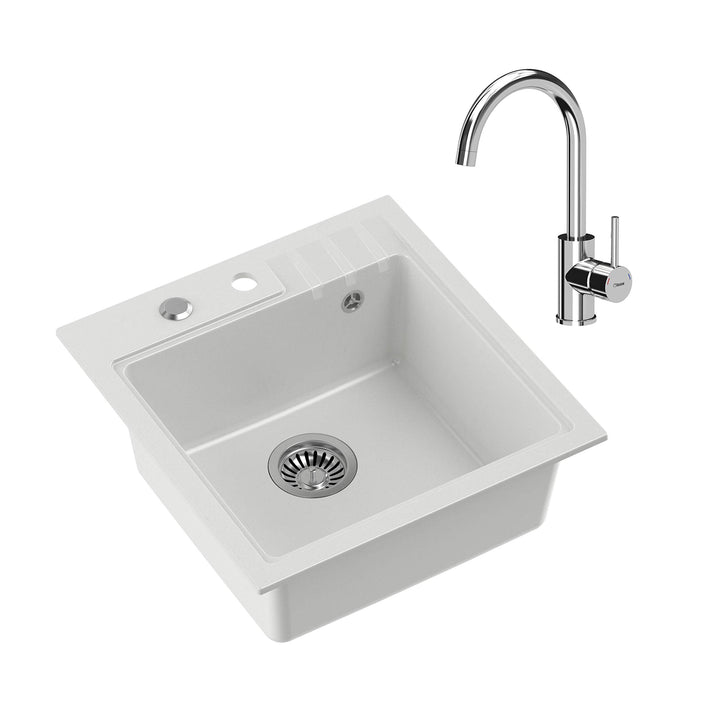 VBChome Spüle mit Armatur 52 x 50 cm Weiss Chrom Tiefes Becken Küche Einbauspüle Verbundspüle Küchen