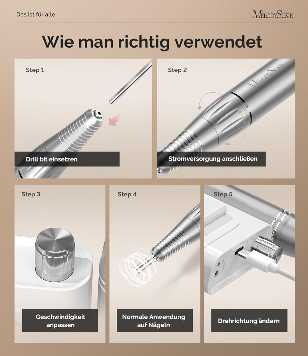 MelodySusie SC300F Professioneller Aufsteckbarer Nagelfräser, Wiederaufladbare Elektrische Nagelfeil