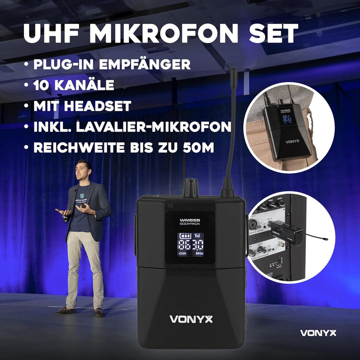 Vonyx WM55B Funkmikrofon Set, Headset Mikrofon und Lavalier Mikrofon Kabellos mit Plug-in-Empfänger,