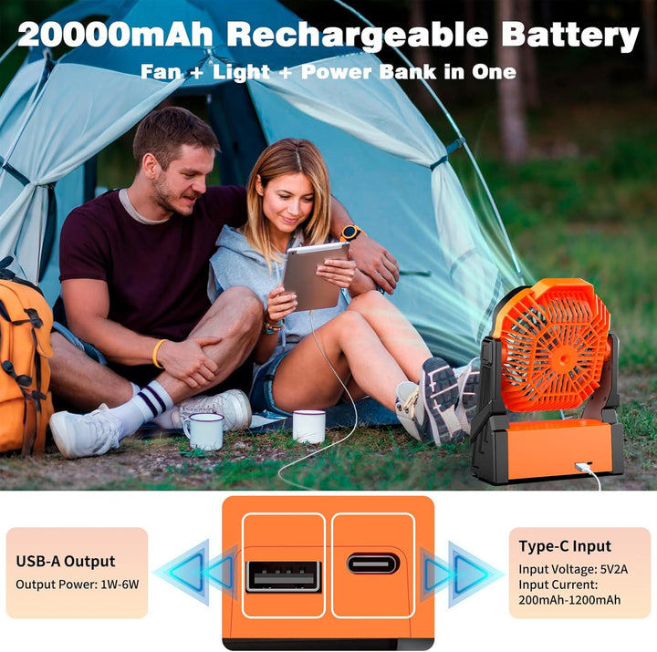 Sendowtek Camping Ventilator mit Akku 20000mAh, Tragbare Wiederaufladbare Tischventilator mit LED Li