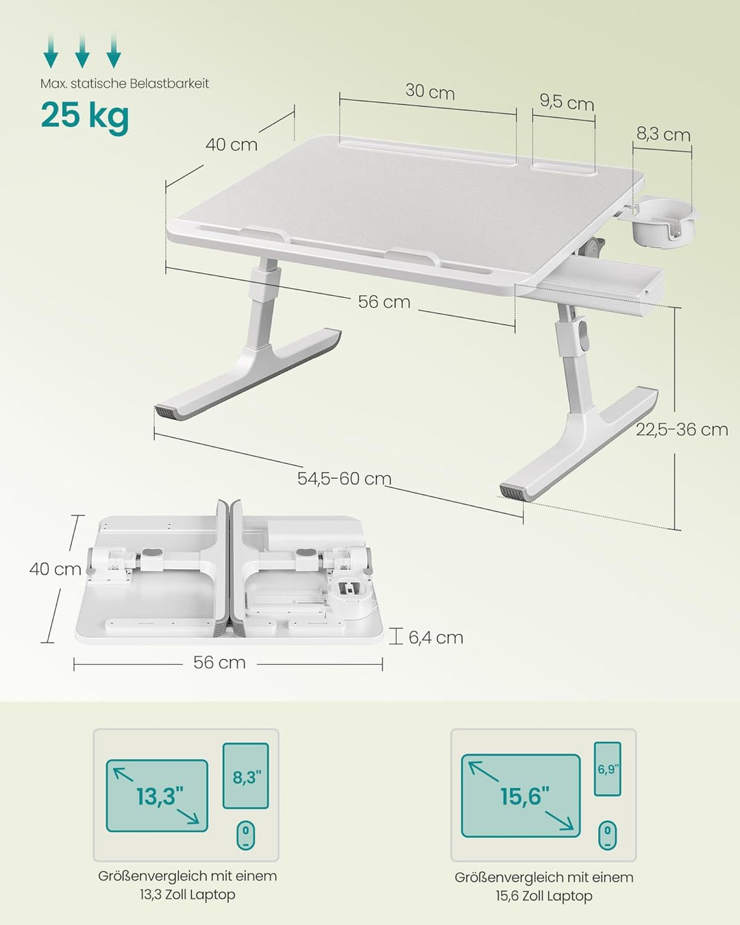SONGMICS Laptoptisch, Betttisch, Laptopständer, 56 x 40 cm grosse Tischplatte, 120° stufenlos verste