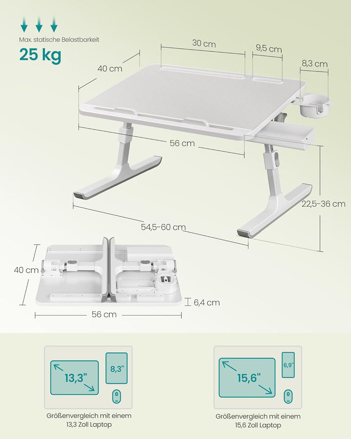 SONGMICS Laptoptisch, Betttisch, Laptopständer, 56 x 40 cm grosse Tischplatte, 120° stufenlos verste