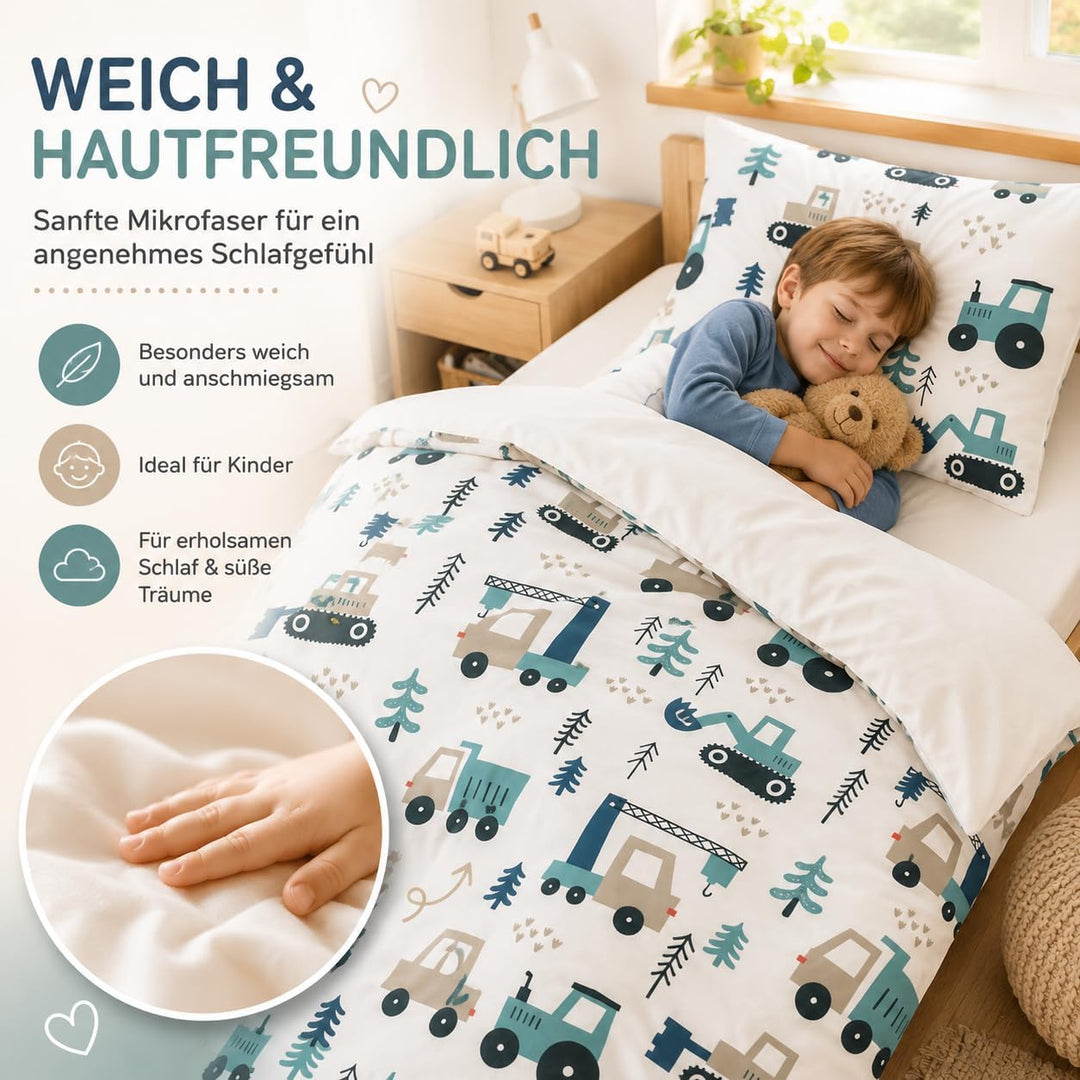 DJDEA Bagger Kinderbettwäsche 135x200 Junge Weich Mikrofaser | Baustellen Motiv Bettwäsche Kinder mi