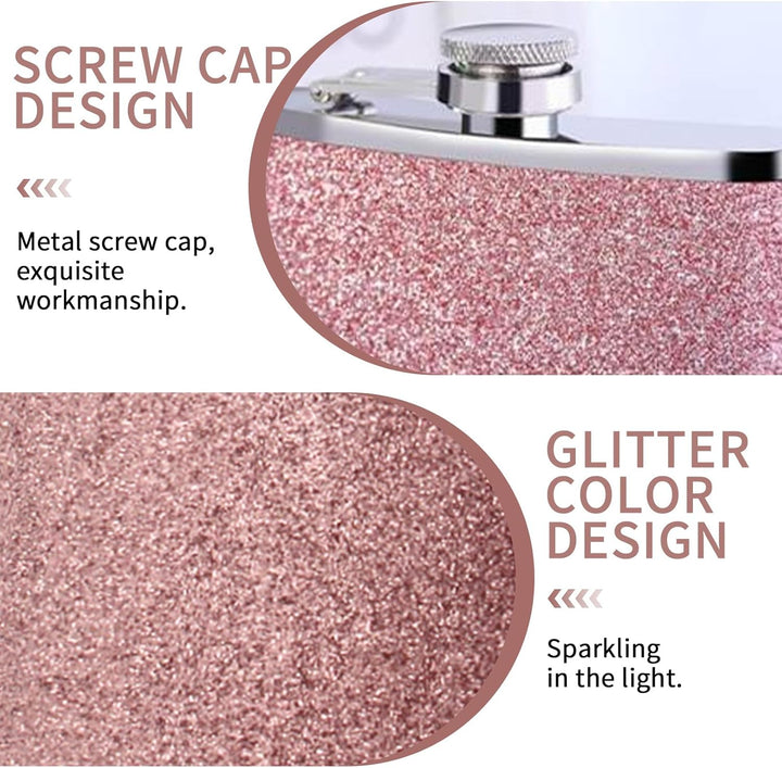 1x304 rosa 8Oz/240 ml Flachmann,Edelstahl-Flachmann für Damen,Flachmann mit Glitzer AuslaufsicherFla