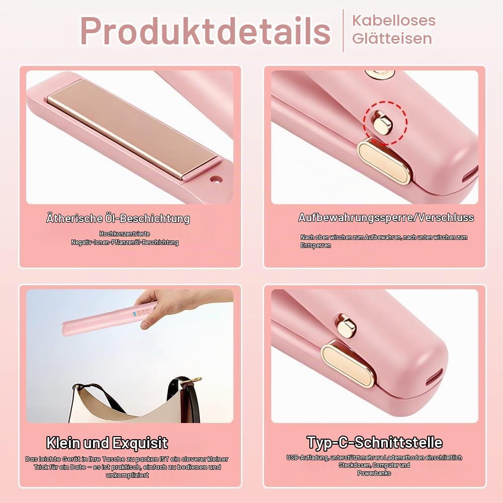 2 In 1 Mini Glätteisen Kabellos und Lockenstab, Hair Straightener, 4 Temperaturen, Wiederaufladbare