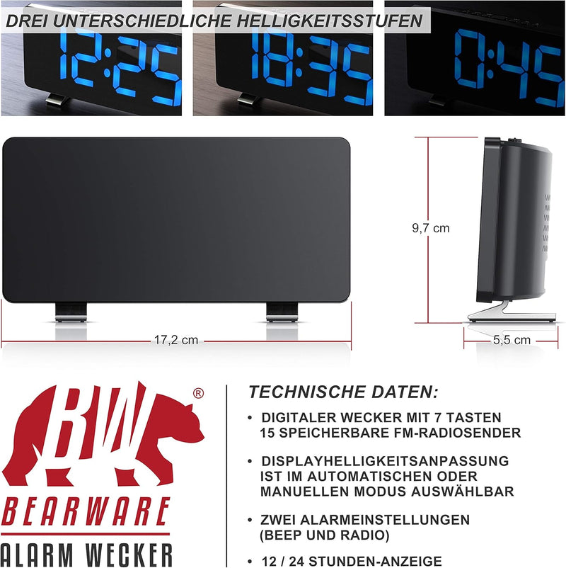 CSL - Radiowecker digital - FM Wecker - LED Display mit 3 Helligkeiten und Autodimmer - grosse Zahle