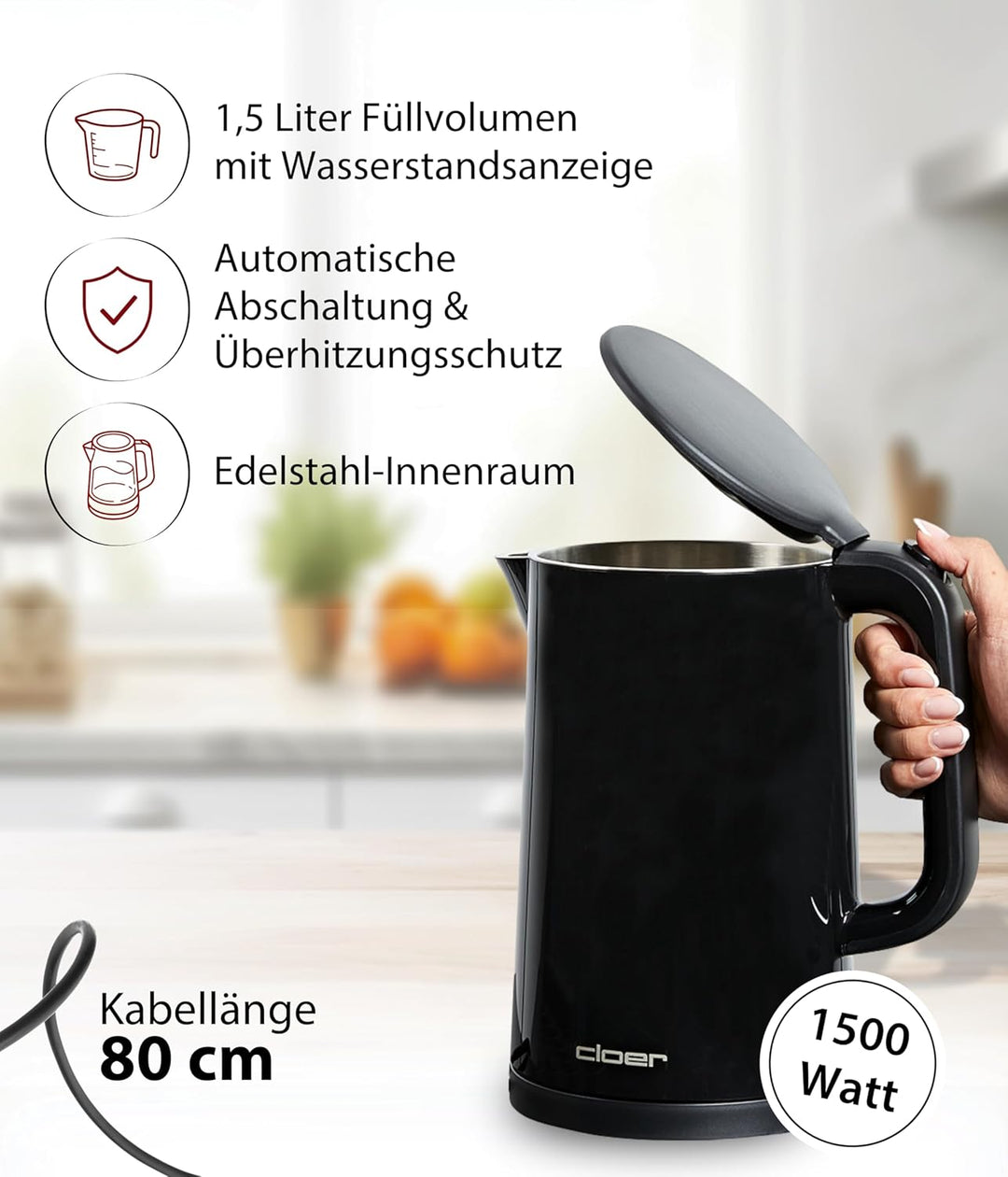 Cloer 4320 Wasserkocher 1,5L,1500W, Edelstahlbehälter & Deckel, automatische Abschaltung, Überhitzun