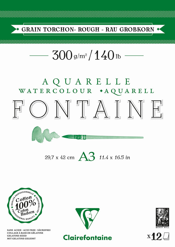 Clairefontaine 975952C - Aquarellblock Fontaine DIN A3 29,7x42cm, mit 12 Bogen 300g Torchon/Rau, zwe