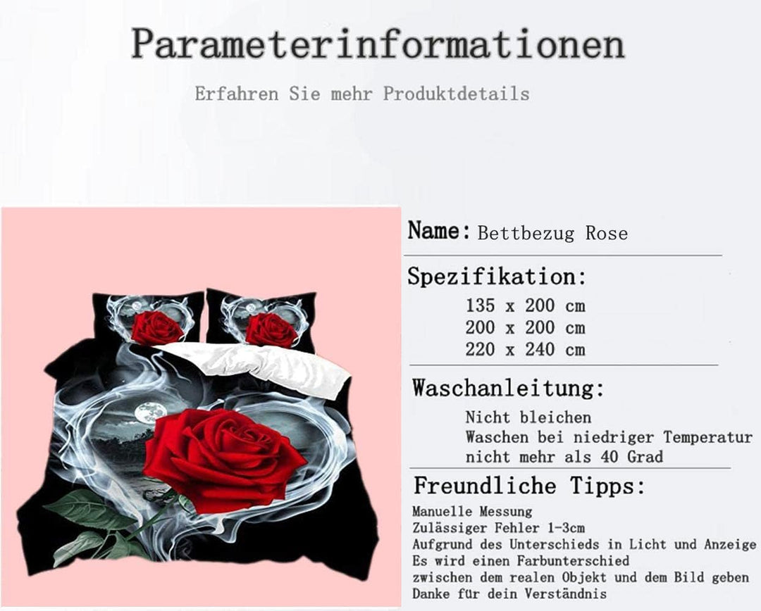 AOXHFNV Rose Bettbezug Set 3D Rot Rose Bettwäsche Set Mädchen Kreative Rose Bettwäsche Set 3 Teilig