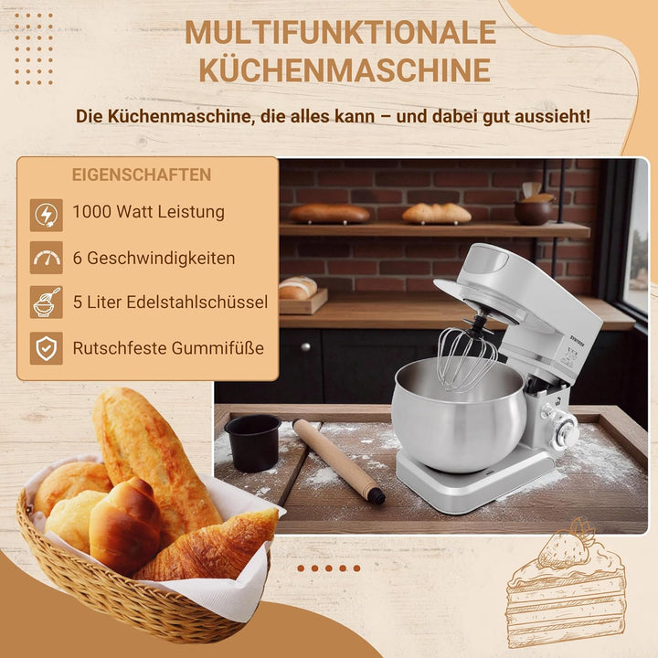 Syntrox Küchenmaschine & Knetmaschine Silber Basic 5 Liter, Stabile rutschfeste Gummifüsse, Hochwert