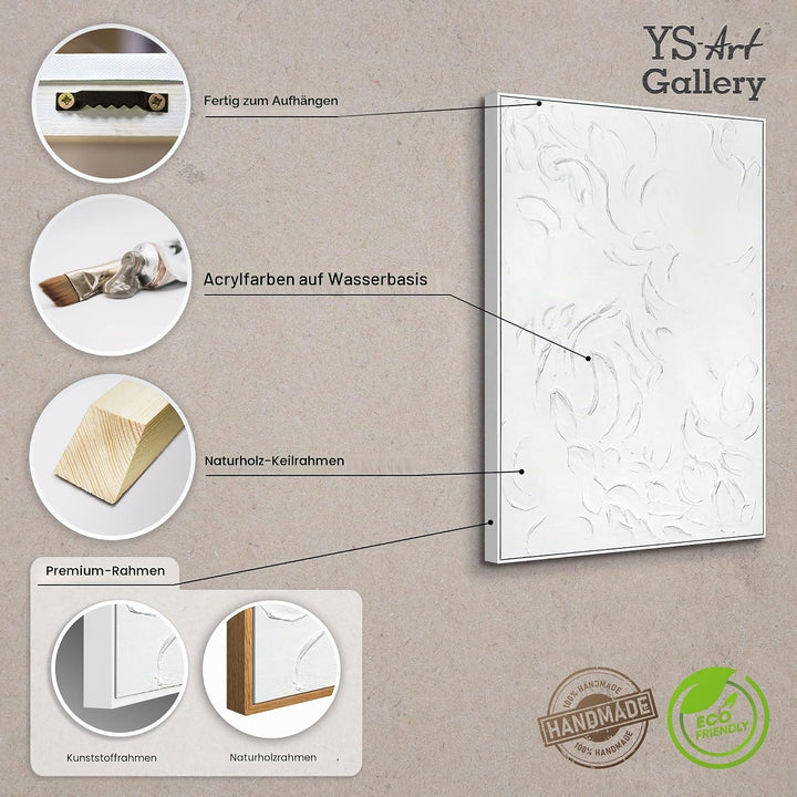YS-Art XXL Abstrakt Acryl Gemälde auf Leinwand mit Rahmen weisse Symphonie handgemalte Wandbilder Wo