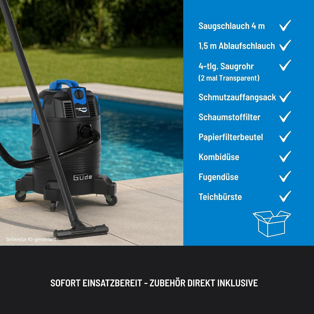 Güde GS 30-1600 3 in 1 Schlammsauger – 230 Volt, 1600 Watt, 180 Millibar Unterdruck, 30 Liter Behält