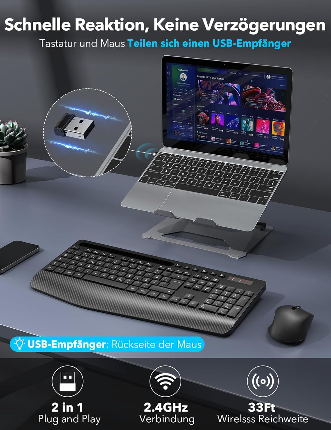 Tastatur Maus Set Kabellos, Ergonomische Tastatur in Voller Grösse mit Handgelenkauflage, Telefonhal