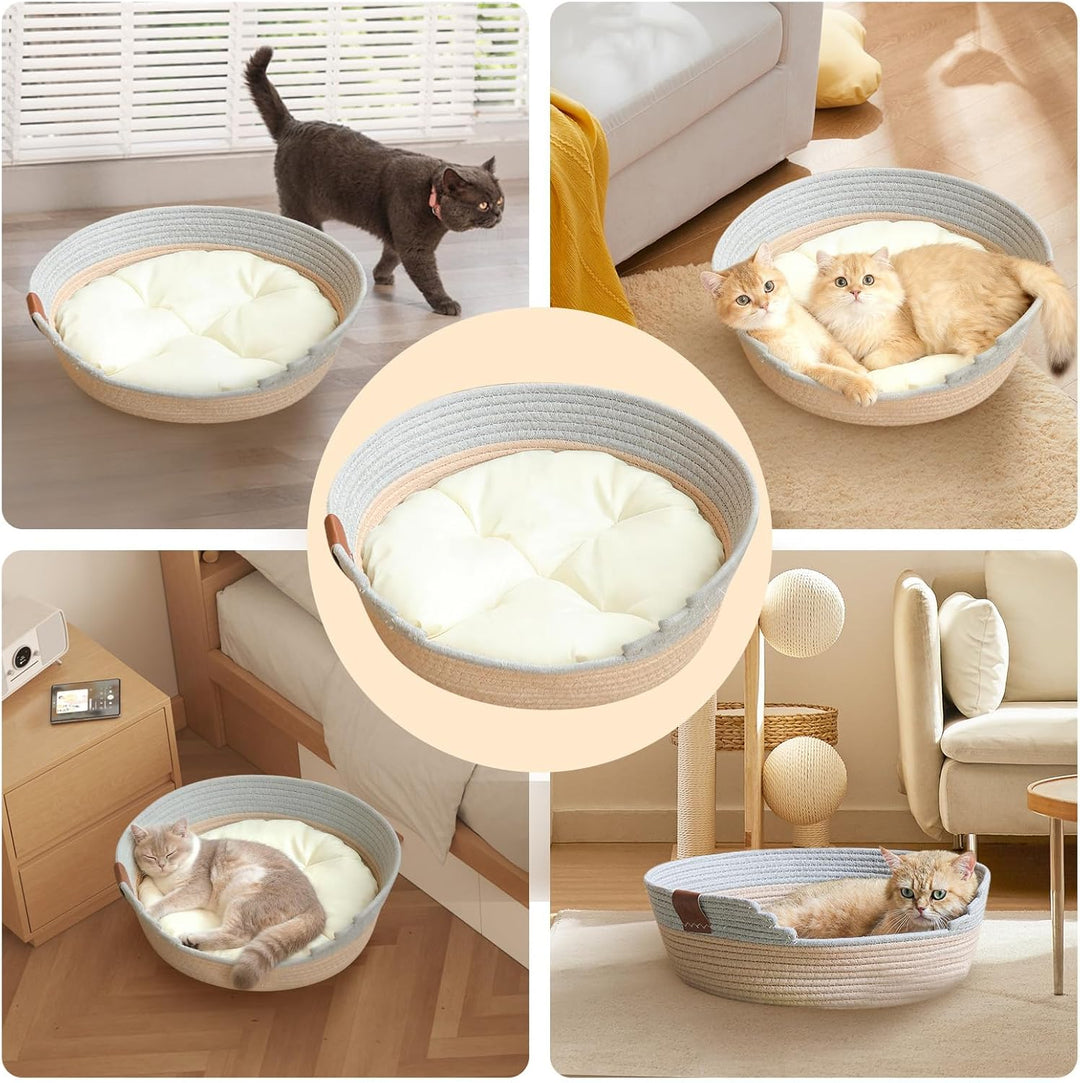 Katzenbett mit Kissen, 47cm Katzenkorb zum Schlafen für Alle Katze, Katzenkörbchen Waschbar aus Baum