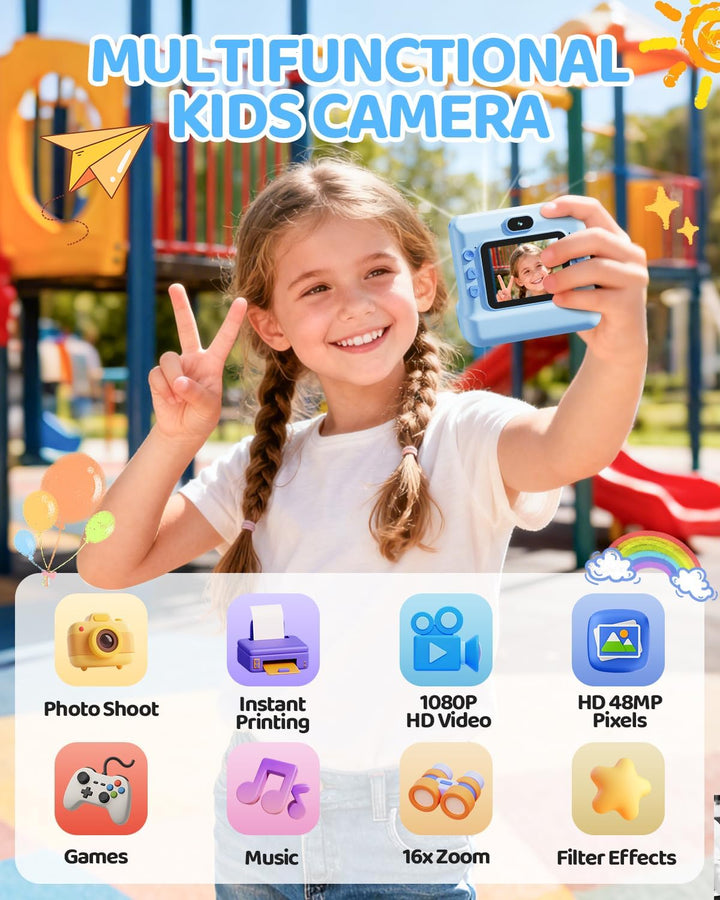 CalineGam Kinderkamera Sofortbildkamera, 1080P HD Sofortbildkamera Kinder mit 32 GB Karte und 3 Papi