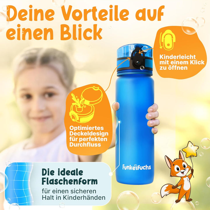 Funkelfuchs® - Trinkflasche für Kinder – 500ml, Blau – Kohlensäure geeignet - 100% auslaufsicher - W