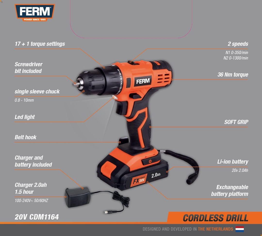 FERM AX-Power Akku-Bohrschrauber 20V – 36 Nm, 2-Gang Getriebe, 2,0 Ah Li-Ion Akku, Schnellspannbohrf