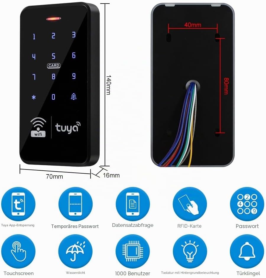FUSYTULY WiFi Tuya Zugangskontrolle Tastatur IP68 Wasserdicht RFID Access Controller 125KHz 13.56MHz