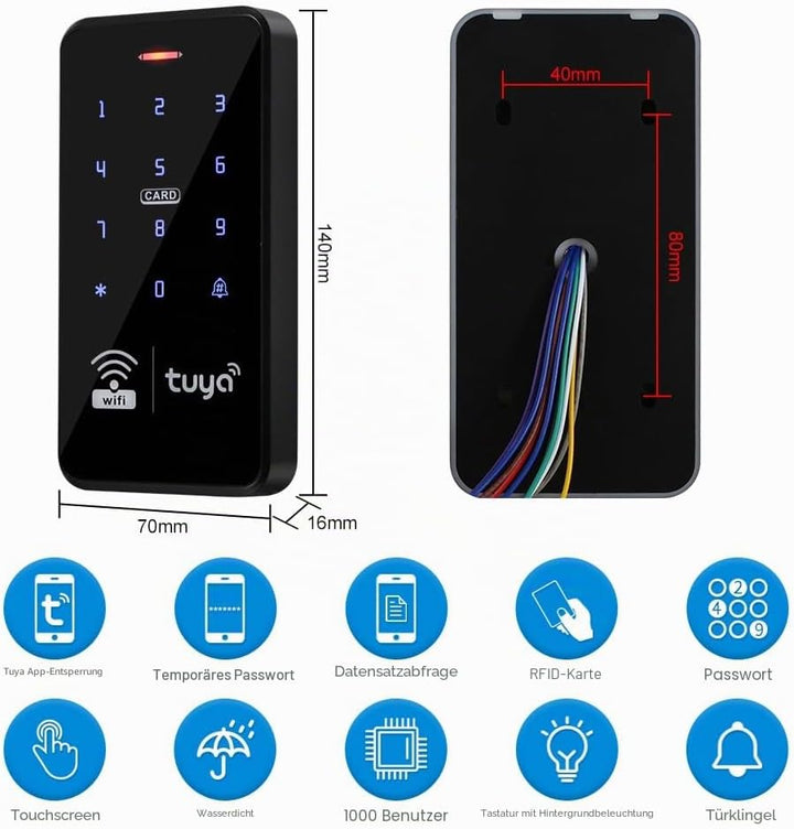FUSYTULY WiFi Tuya Zugangskontrolle Tastatur IP68 Wasserdicht RFID Access Controller 125KHz 13.56MHz