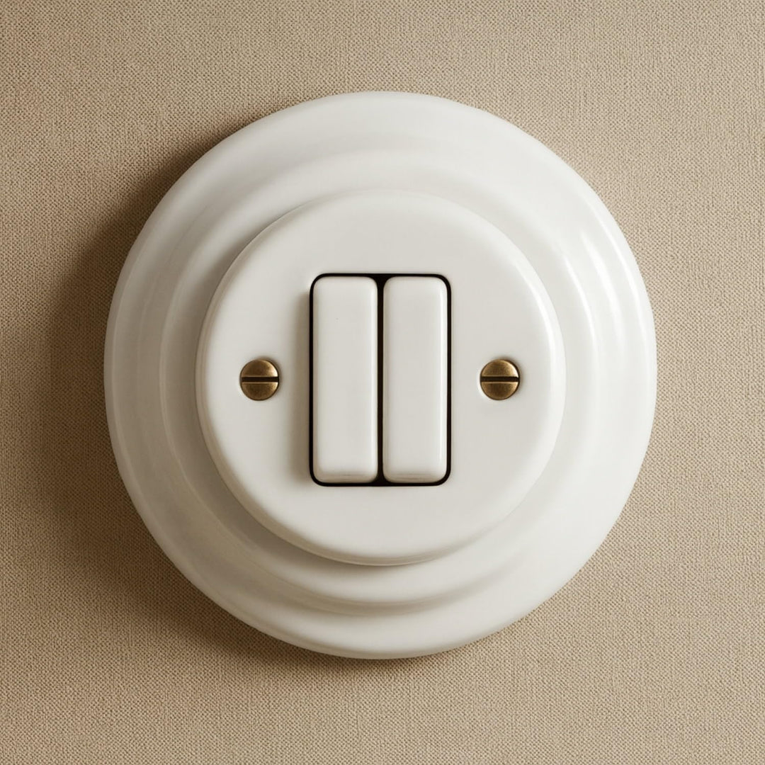 Unterputz Porzellan Retro Doppelschalter, All-in-One, Serie PR1 weiss