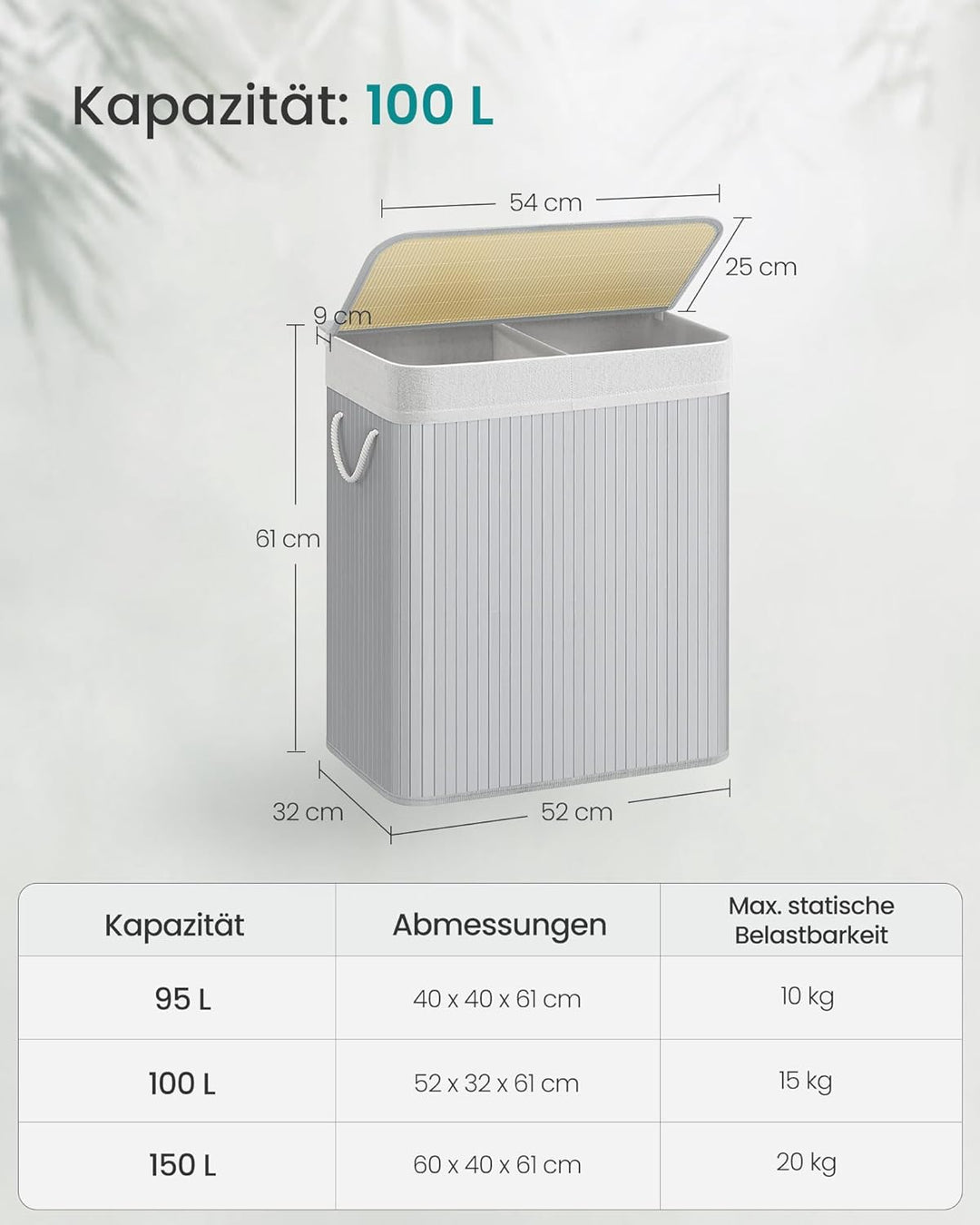 SONGMICS Wäschekorb 2 Fächer, 100 L Wäschesammler mit Deckel, Wäschebox Bambus, mit Griffen, faltbar