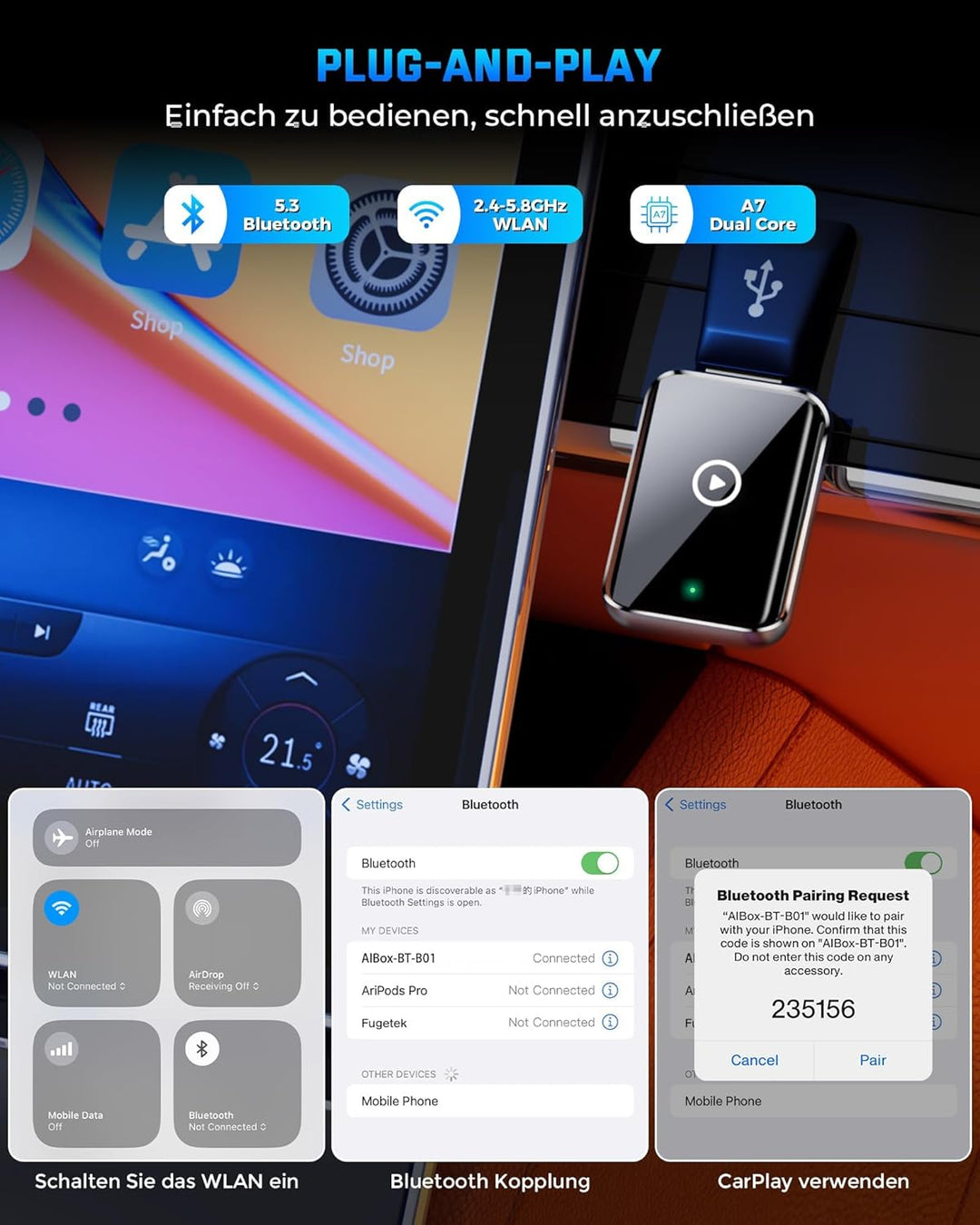 2025 Wireless Carplay Adapter für iPhone - Konvertiert kabelgebundenen zu kabellosen Carplay Adapter
