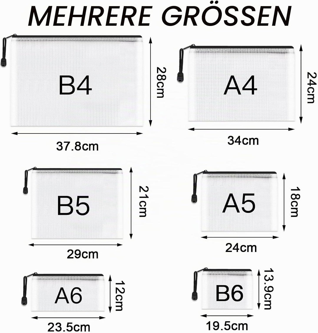 Umriox schwarze Dokumententasche A3+A4+A5+A6+B4+B6, 12 Stück wasserdichte Dokumententasche Reissvers