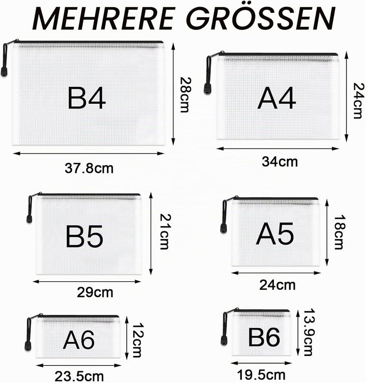 Umriox schwarze Dokumententasche A3+A4+A5+A6+B4+B6, 12 Stück wasserdichte Dokumententasche Reissvers