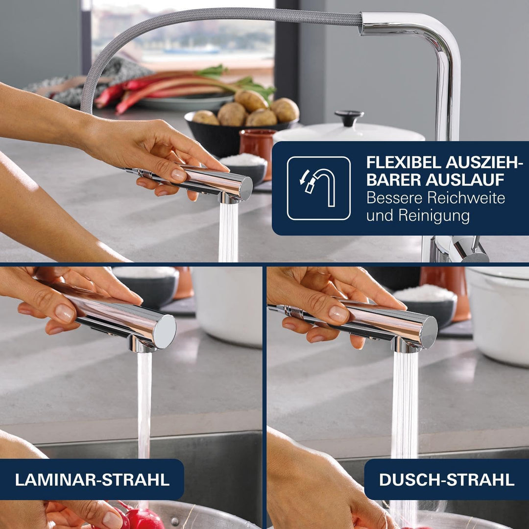 GROHE Essence - Einhand-Spültischbatterie (herausziehbare Dual Spülbrause, Schwenkbereich 360°, Einl