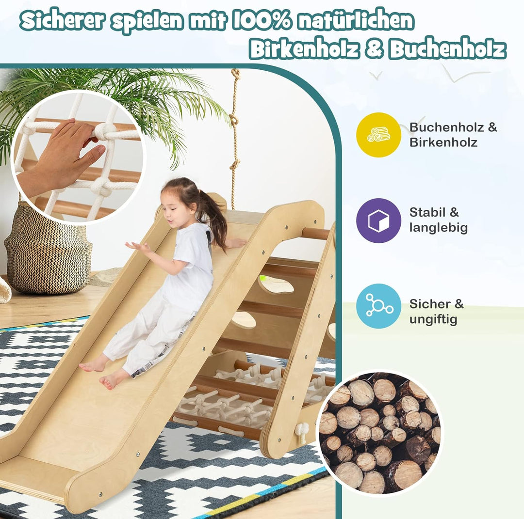 DREAMADE 4 IN 1 Kletterdreieck mit Rutsche und Kletternetz, Holzdreieck Kletterspielzeug aus Holz, I