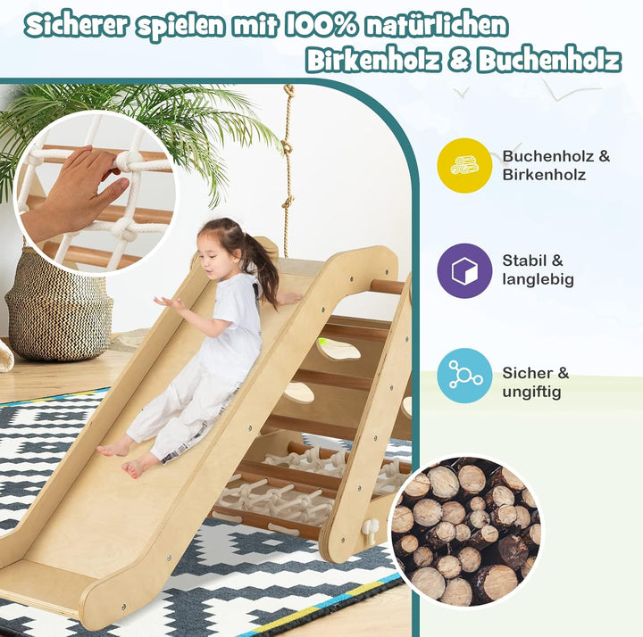 DREAMADE 4 IN 1 Kletterdreieck mit Rutsche und Kletternetz, Holzdreieck Kletterspielzeug aus Holz, I