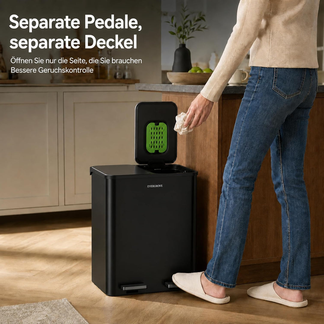 EverGrove 30-Liter-Mülltrennsystem, 2 x 15 L | Gehäuse, Deckel und Pedale aus Edelstahl; zwei PP-Inn